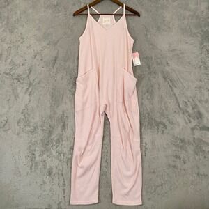 Sage & Sky Jumpsuit Sz XS Pink Ribbed Knit Spaghetti Strap Wide Leg Soft Relaxed